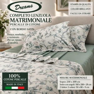 Completo lenzuola matrimoniale in percalle bordo satin